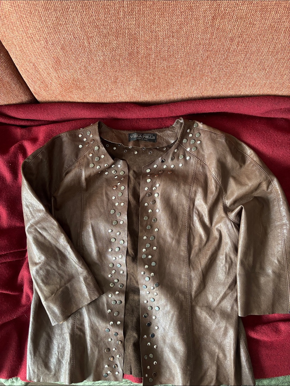 Vera Pelle Chocolate Brown Studded Leather Open-Front Jacket